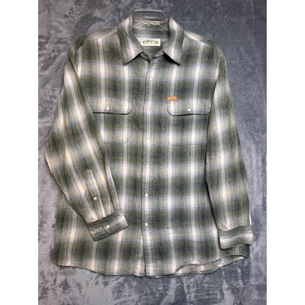Orvis Mens Green Plaid Long Sleeve Button Down Cotton Shirt Size L